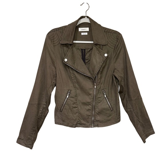 Level 99 Olive Green Moto Jacket Linen Blend Full Zip Womens Large - Picture 1 of 6